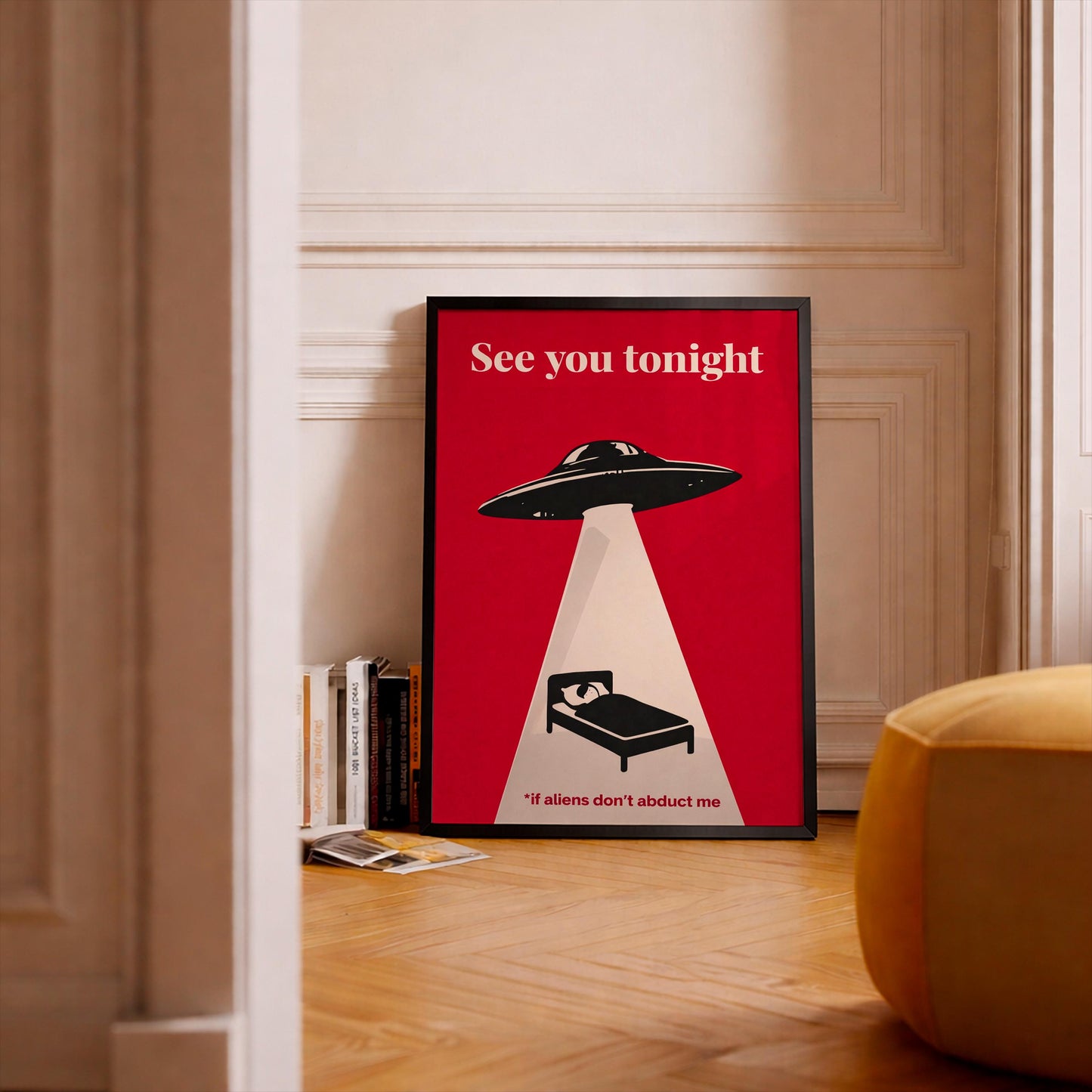 Alien Abduction Poster, UFO Wall Art, Funny Quote Print, Retro Sci Fi Poster, Minimalist Red Art, Bedroom Decor, Gift for Him