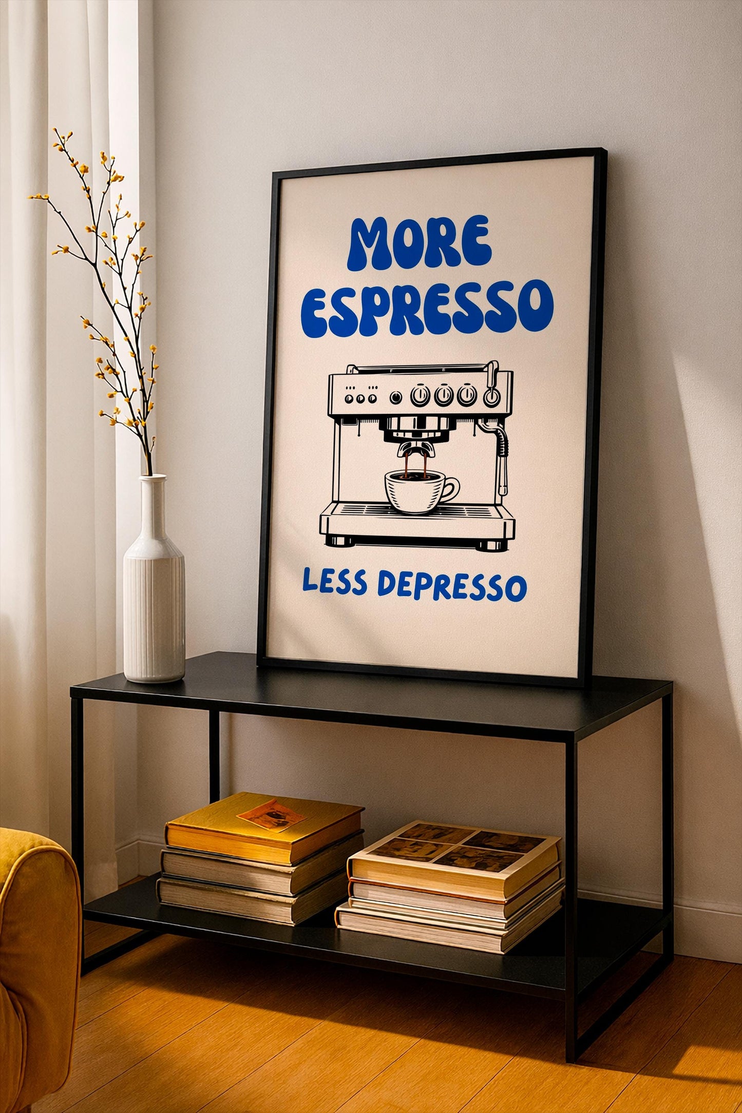 More Espresso Less Depresso, Coffee Lover Print, Espresso Machine Art, Funny Kitchen Wall Decor, Barista Gift, Retro Groovy Poster