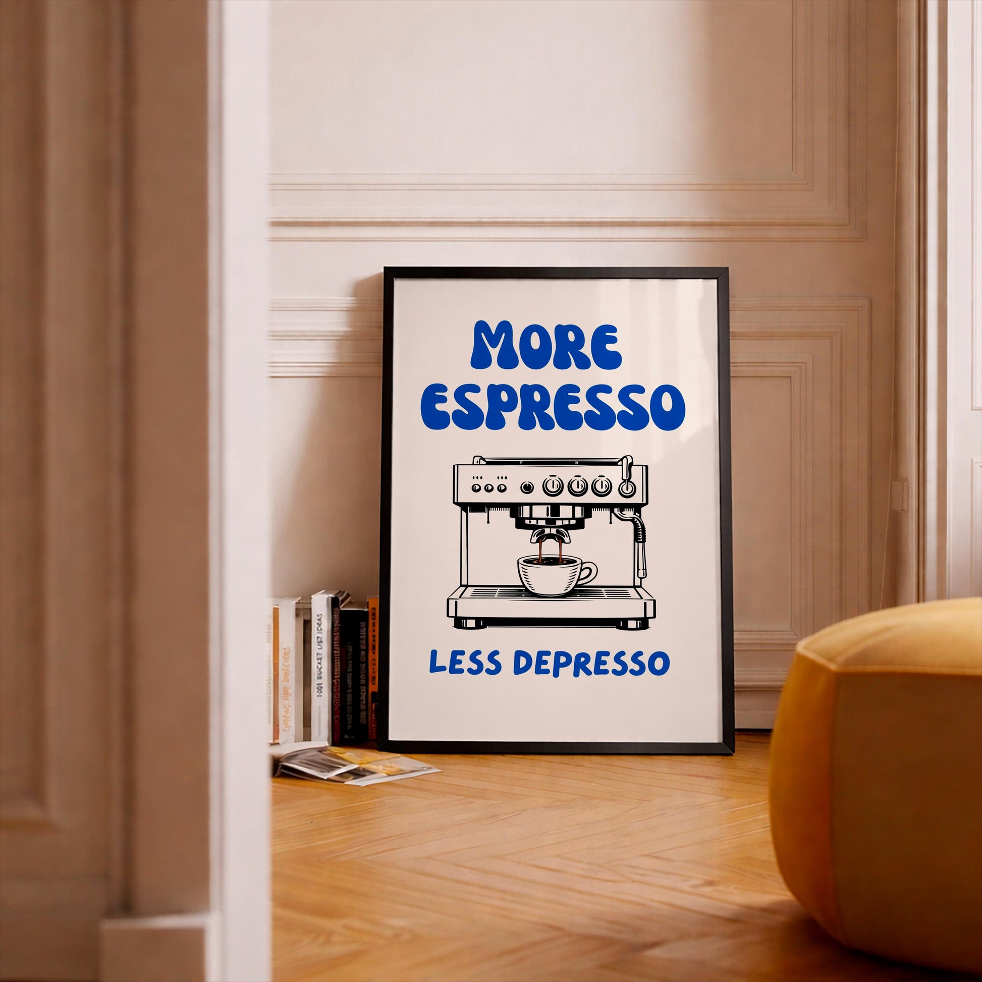 More Espresso Less Depresso, Coffee Lover Print, Espresso Machine Art, Funny Kitchen Wall Decor, Barista Gift, Retro Groovy Poster