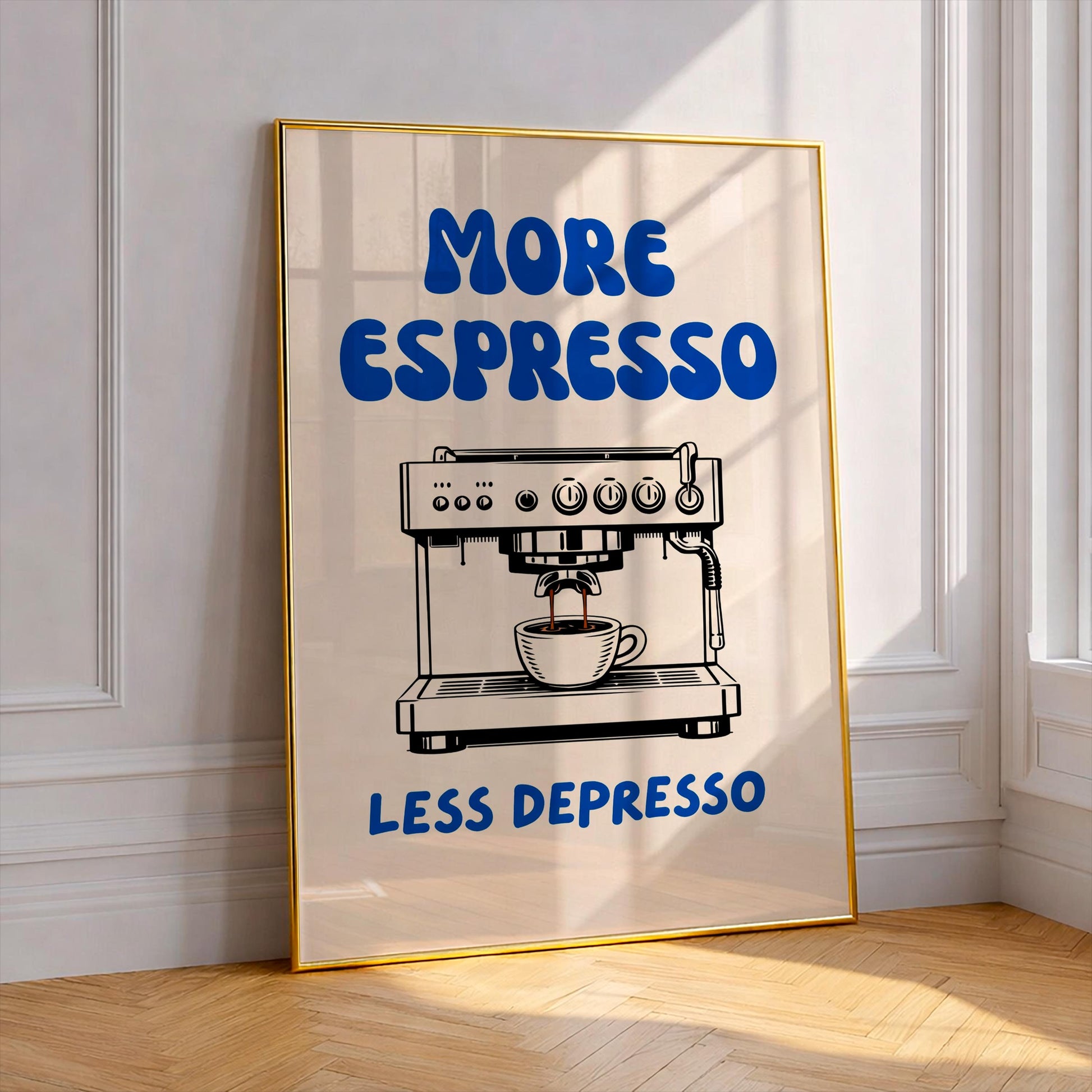 More Espresso Less Depresso, Coffee Lover Print, Espresso Machine Art, Funny Kitchen Wall Decor, Barista Gift, Retro Groovy Poster