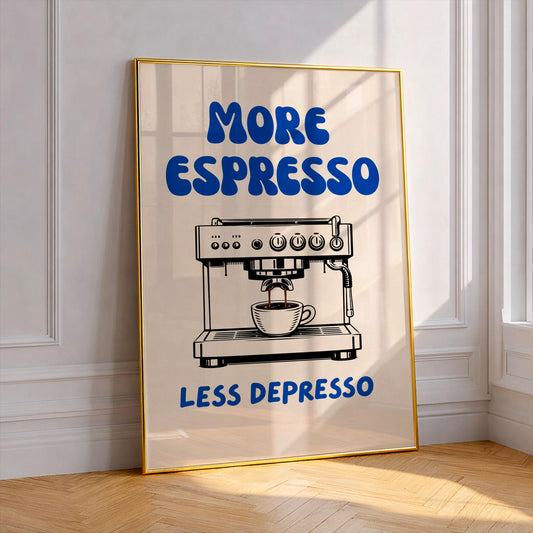 More Espresso Less Depresso, Coffee Lover Print, Espresso Machine Art, Funny Kitchen Wall Decor, Barista Gift, Retro Groovy Poster