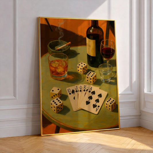 Royal Flush Poker Art Print Vintage Oil Painting Style Spades Poster Whiskey and Dice Wall Art Man Cave Decor Gambling Gift Poker Room Art