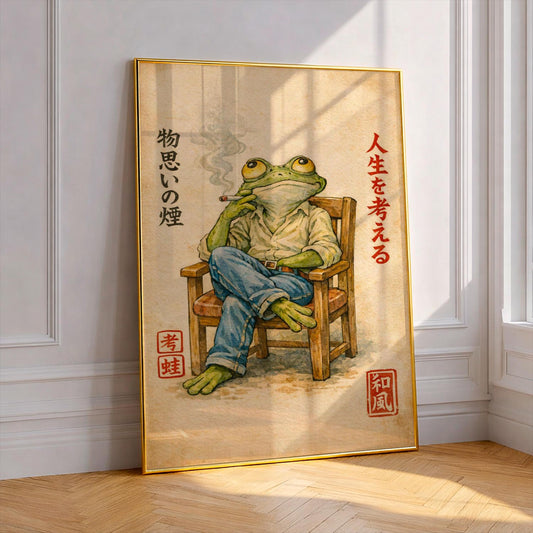 Japanese Frog Smoking Poster, Vintage Ukiyo-e Thinking Frog Print, Weird Wall Art, Watercolor Frog Illustration, Retro Japanese Home Decor