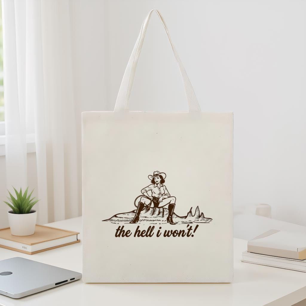 Cowgirl Tote Bag with Funny Western Quote, Minimal Line Art Cowboy Girl Design, Gift for Cowgirl Lovers