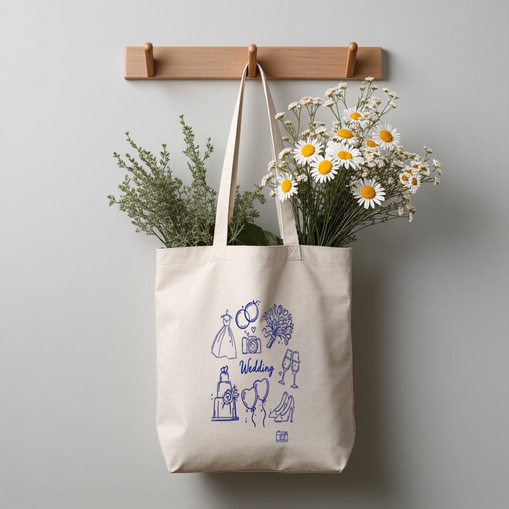 Wedding Tote Bag, Minimal Blue Line Art Bridal Icons Canvas Shopper, Gift for Bride and Bridesmaids