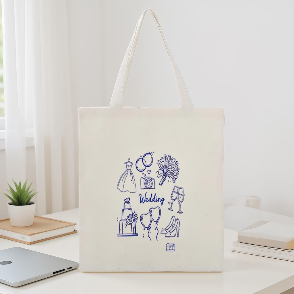 Wedding Tote Bag, Minimal Blue Line Art Bridal Icons Canvas Shopper, Gift for Bride and Bridesmaids