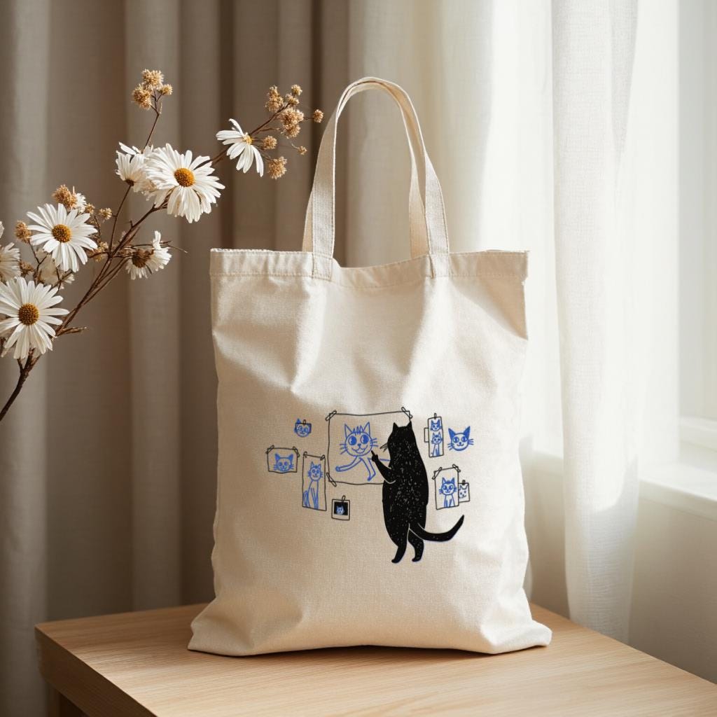 Cat Tote Bag, Cute Cartoon Cat Art Print Canvas Shopper, Gift for Cat Lovers, Everyday Use Reusable Bag