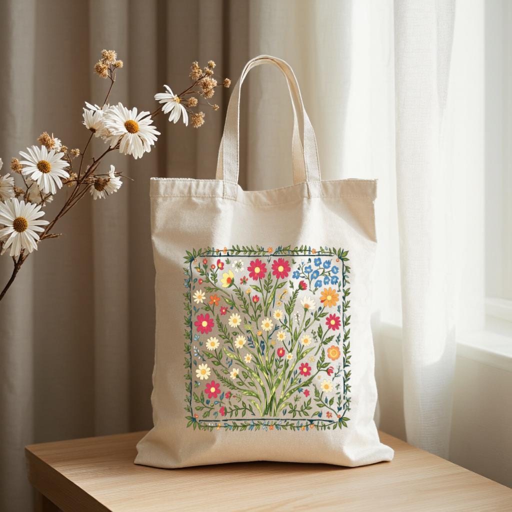 Floral Tote Bag, Wildflower Botanical Illustration Cotton-Style Shopper Bag, Gift for Garden Lovers