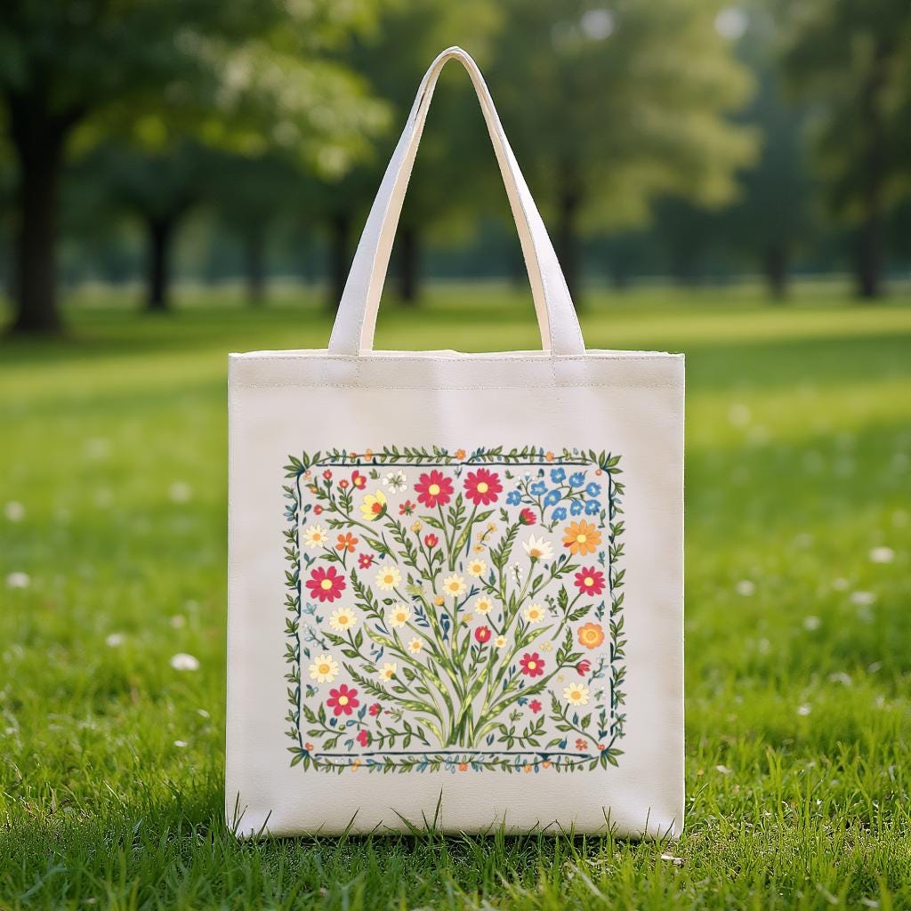 Floral Tote Bag, Wildflower Botanical Illustration Cotton-Style Shopper Bag, Gift for Garden Lovers