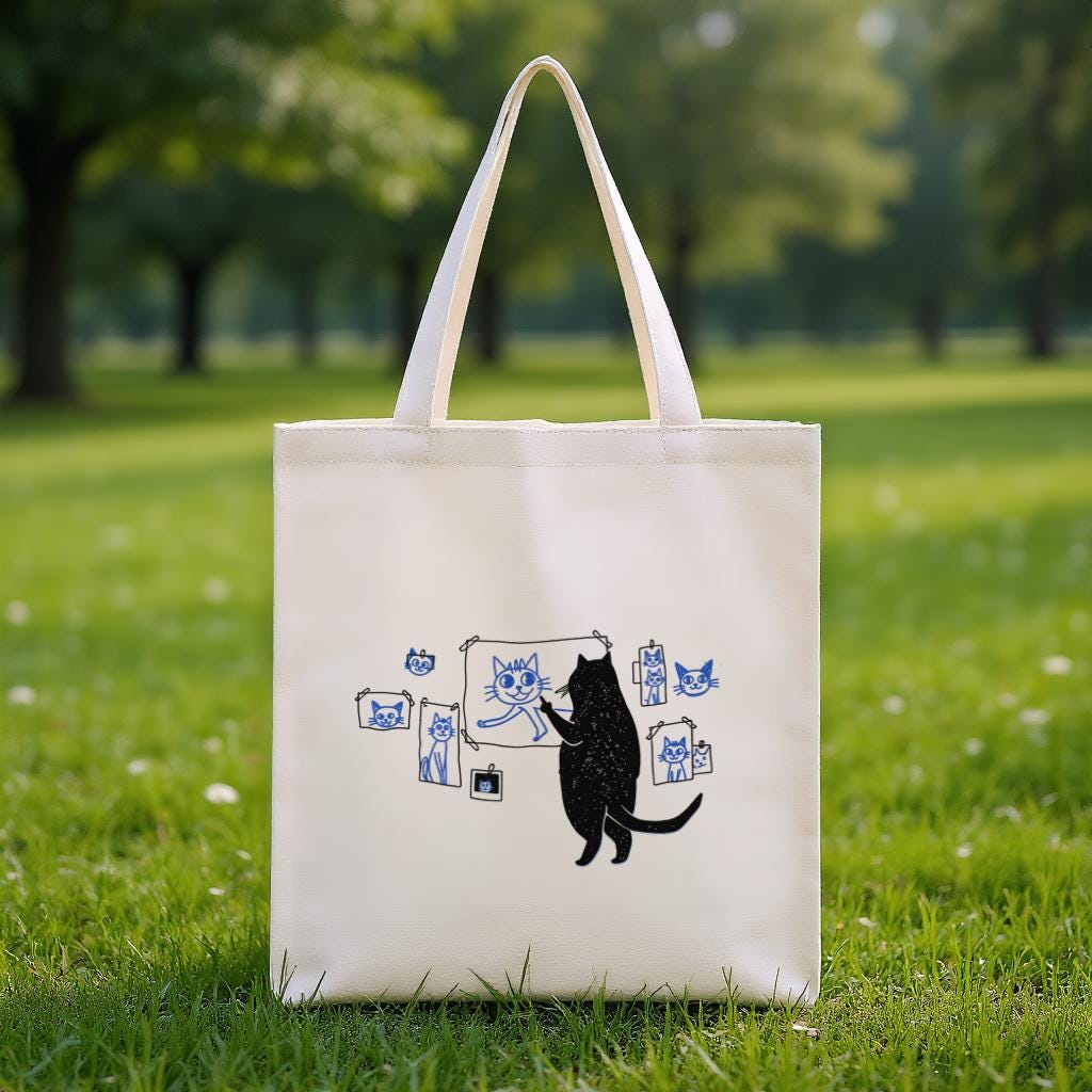 Cat Tote Bag, Cute Cartoon Cat Art Print Canvas Shopper, Gift for Cat Lovers, Everyday Use Reusable Bag