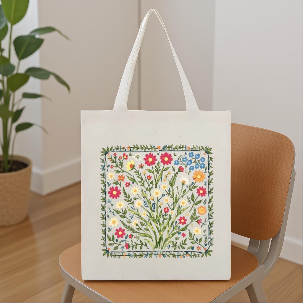 Floral Tote Bag, Wildflower Botanical Illustration Cotton-Style Shopper Bag, Gift for Garden Lovers