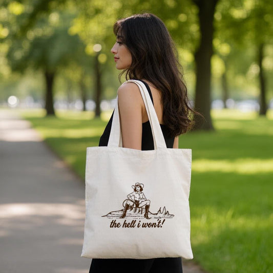 Cowgirl Tote Bag with Funny Western Quote, Minimal Line Art Cowboy Girl Design, Gift for Cowgirl Lovers