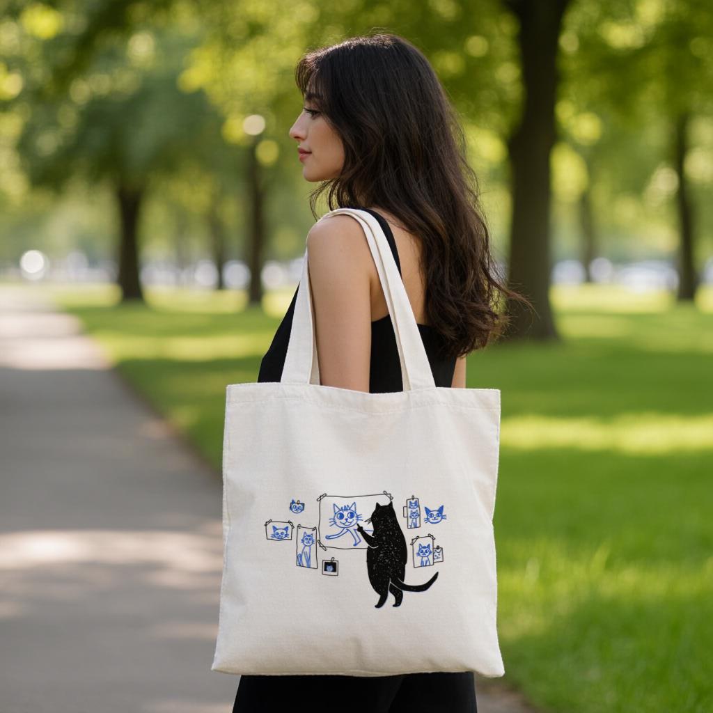 Cat Tote Bag, Cute Cartoon Cat Art Print Canvas Shopper, Gift for Cat Lovers, Everyday Use Reusable Bag