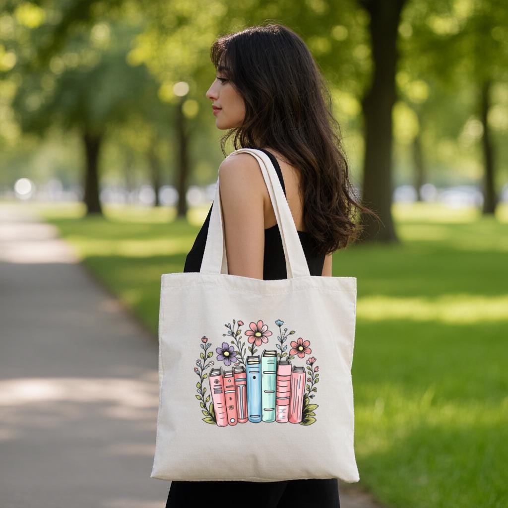 Book Lover Tote Bag, Floral Books Illustration Reusable Canvas Tote for Readers, Gift for Bookworms