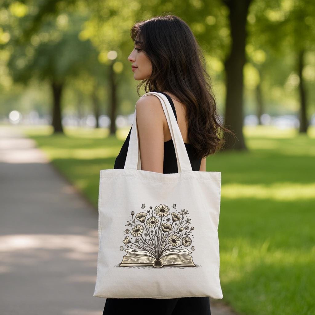 Canvas Tote Bag with Open Book & Wildflowers Line Art, Minimalist Floral Bookish Gift for Book Lovers