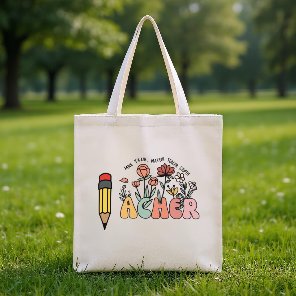 Teacher Tote Bag, Floral Pencil Name Design Canvas Bag, Custom School Gift for Teachers