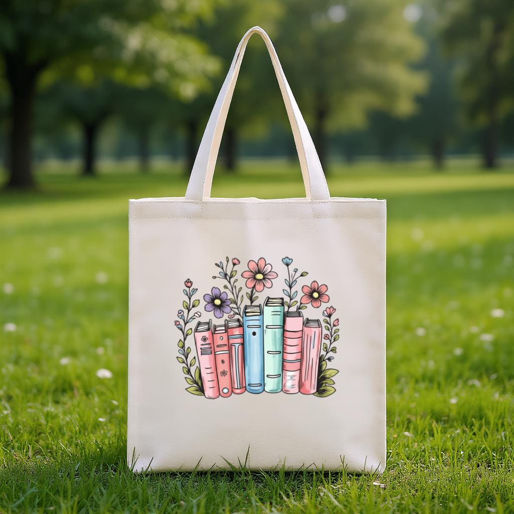 Book Lover Tote Bag, Floral Books Illustration Reusable Canvas Tote for Readers, Gift for Bookworms