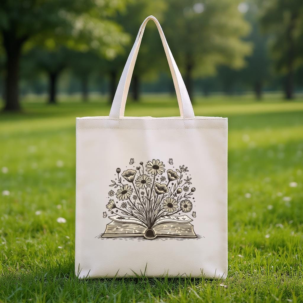 Canvas Tote Bag with Open Book & Wildflowers Line Art, Minimalist Floral Bookish Gift for Book Lovers