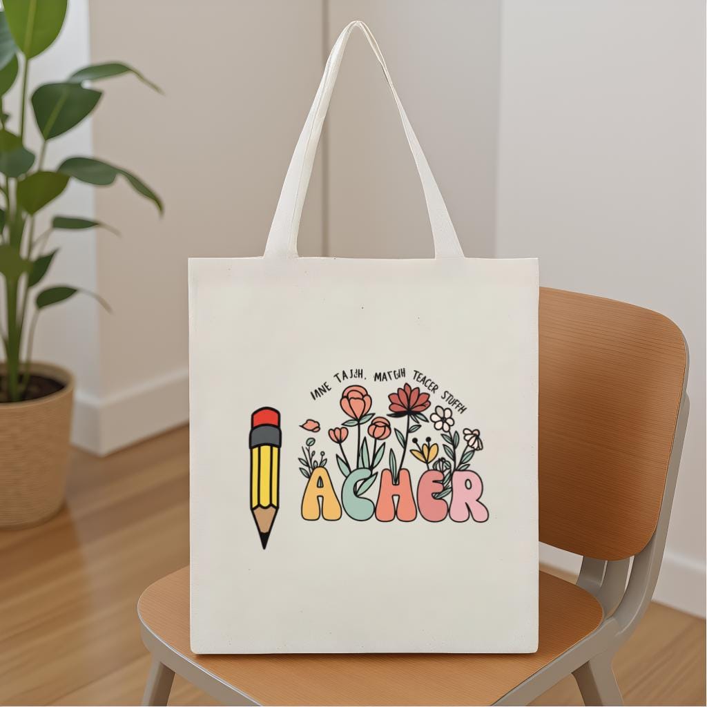 Teacher Tote Bag, Floral Pencil Name Design Canvas Bag, Custom School Gift for Teachers