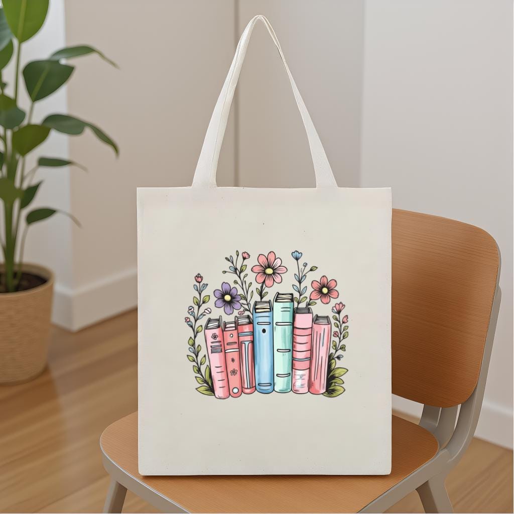 Book Lover Tote Bag, Floral Books Illustration Reusable Canvas Tote for Readers, Gift for Bookworms