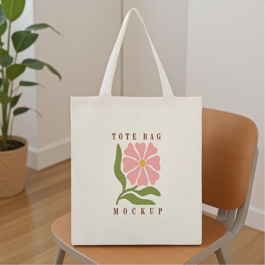 Tote Bag Mockup, Minimal Floral Canvas Shopper Bag Photo for Branding, Product Display, Gift for Shop Owners