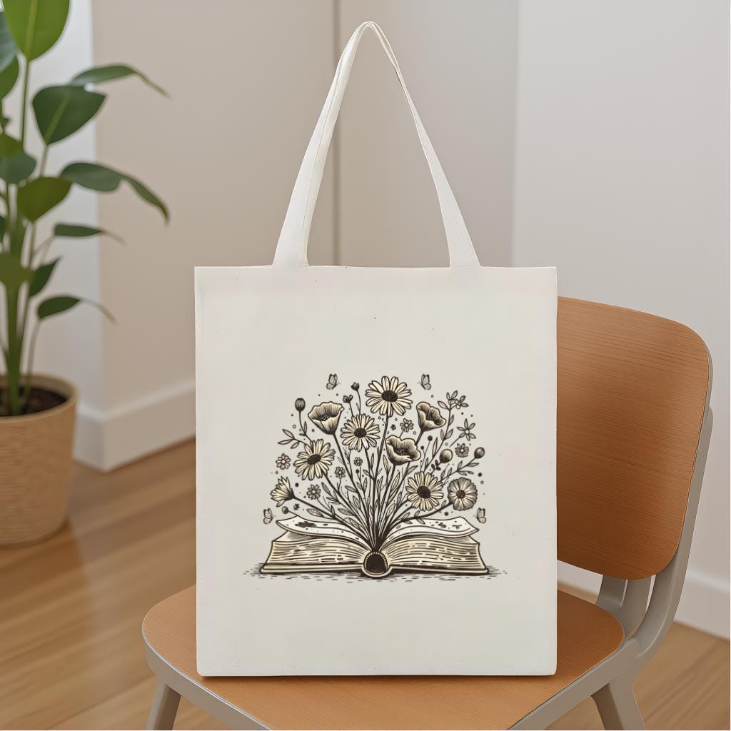 Canvas Tote Bag with Open Book & Wildflowers Line Art, Minimalist Floral Bookish Gift for Book Lovers