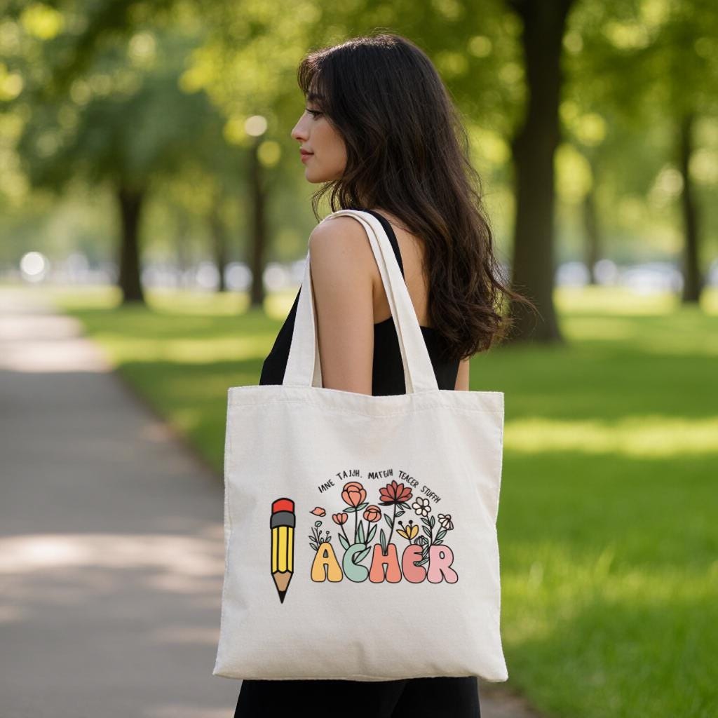Teacher Tote Bag, Floral Pencil Name Design Canvas Bag, Custom School Gift for Teachers