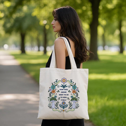 Floral Mushroom Tote Bag, Cottagecore Botanical Quote Canvas Style Bag, Gift for Nature Lovers