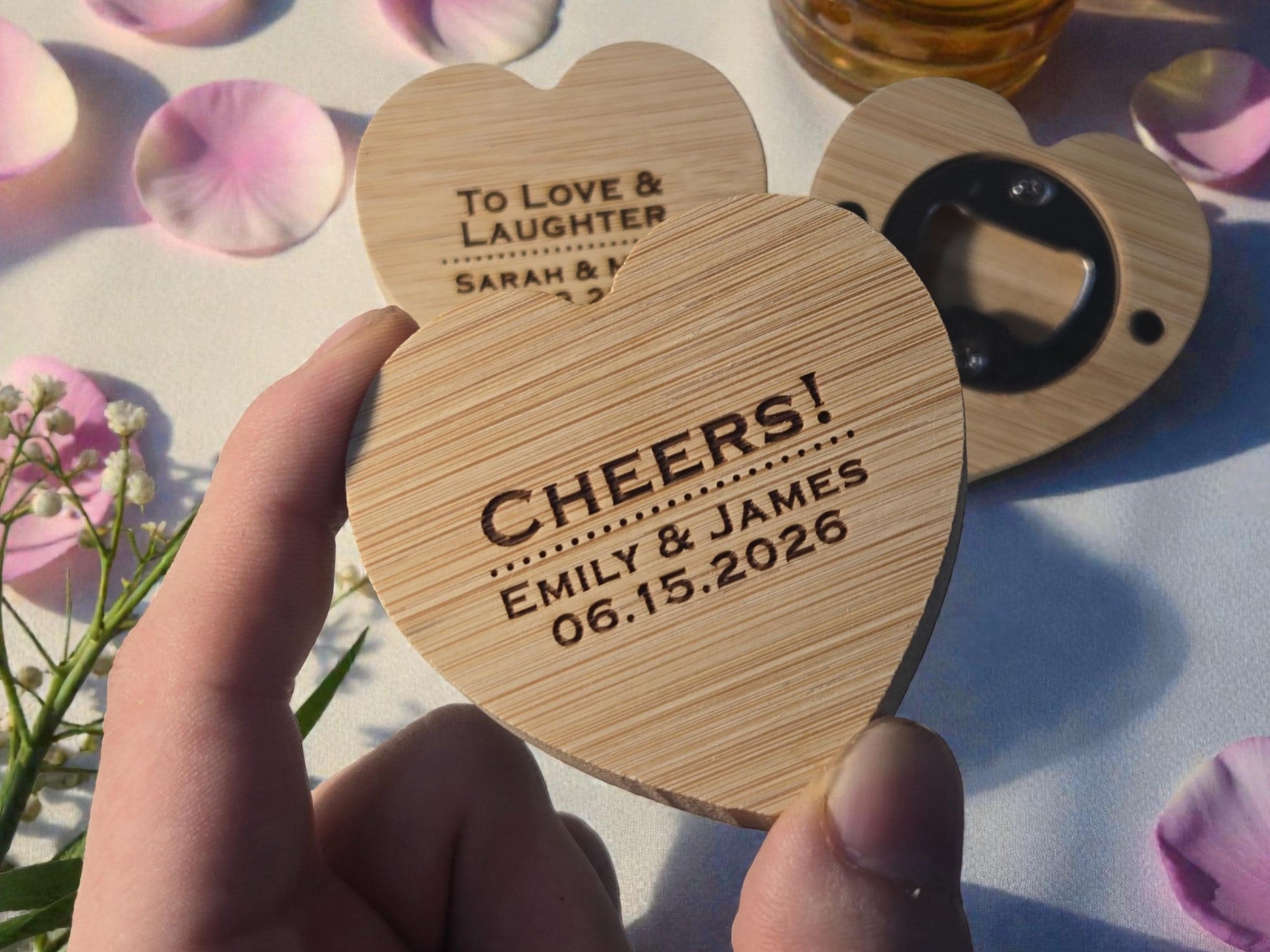 Wedding Favor Heart-Shaped Bamboo Magnetic Bottle Opener, Custom Engraved Wedding Guest Gift