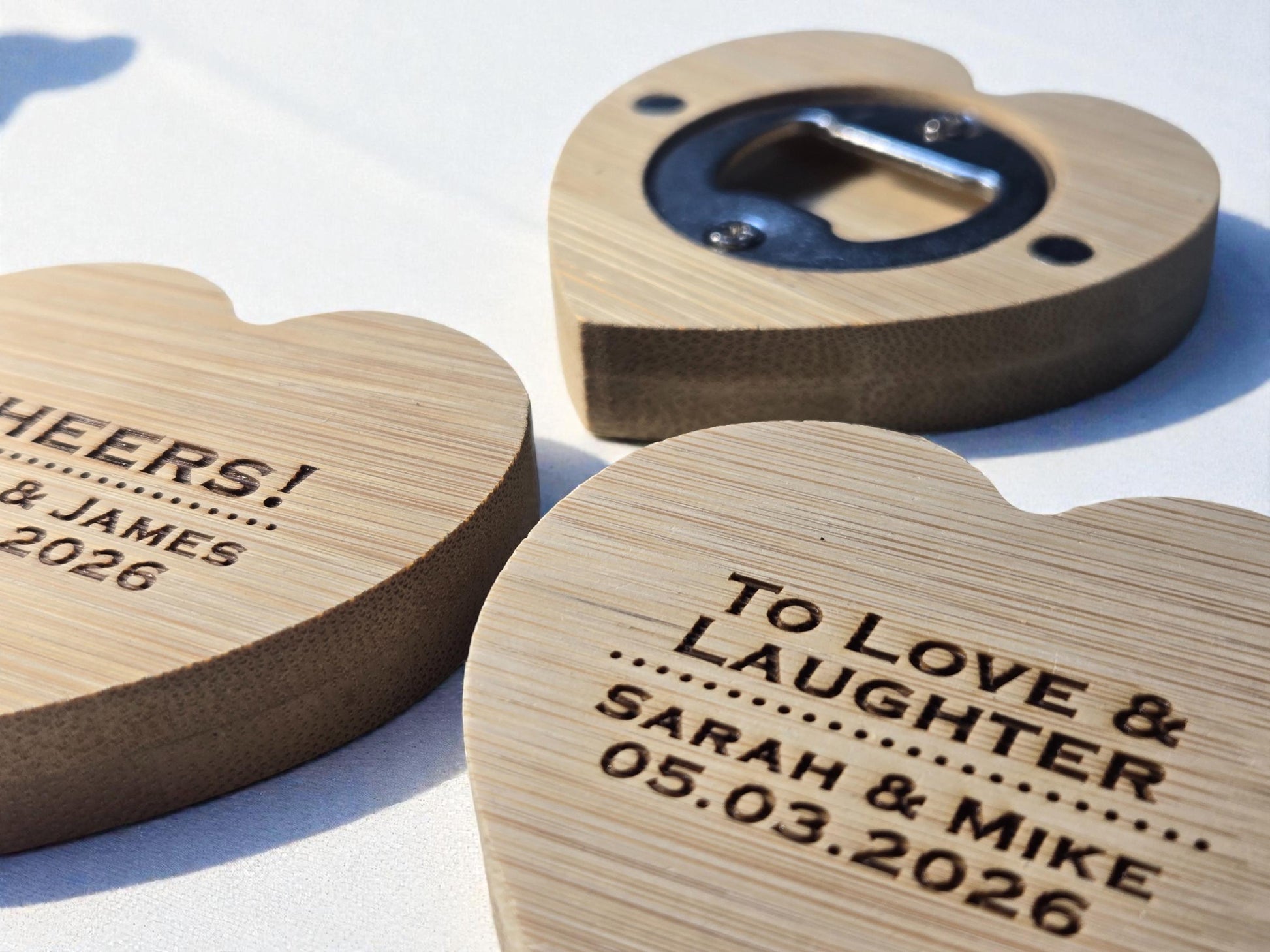 Wedding Favor Heart-Shaped Bamboo Magnetic Bottle Opener, Custom Engraved Wedding Guest Gift