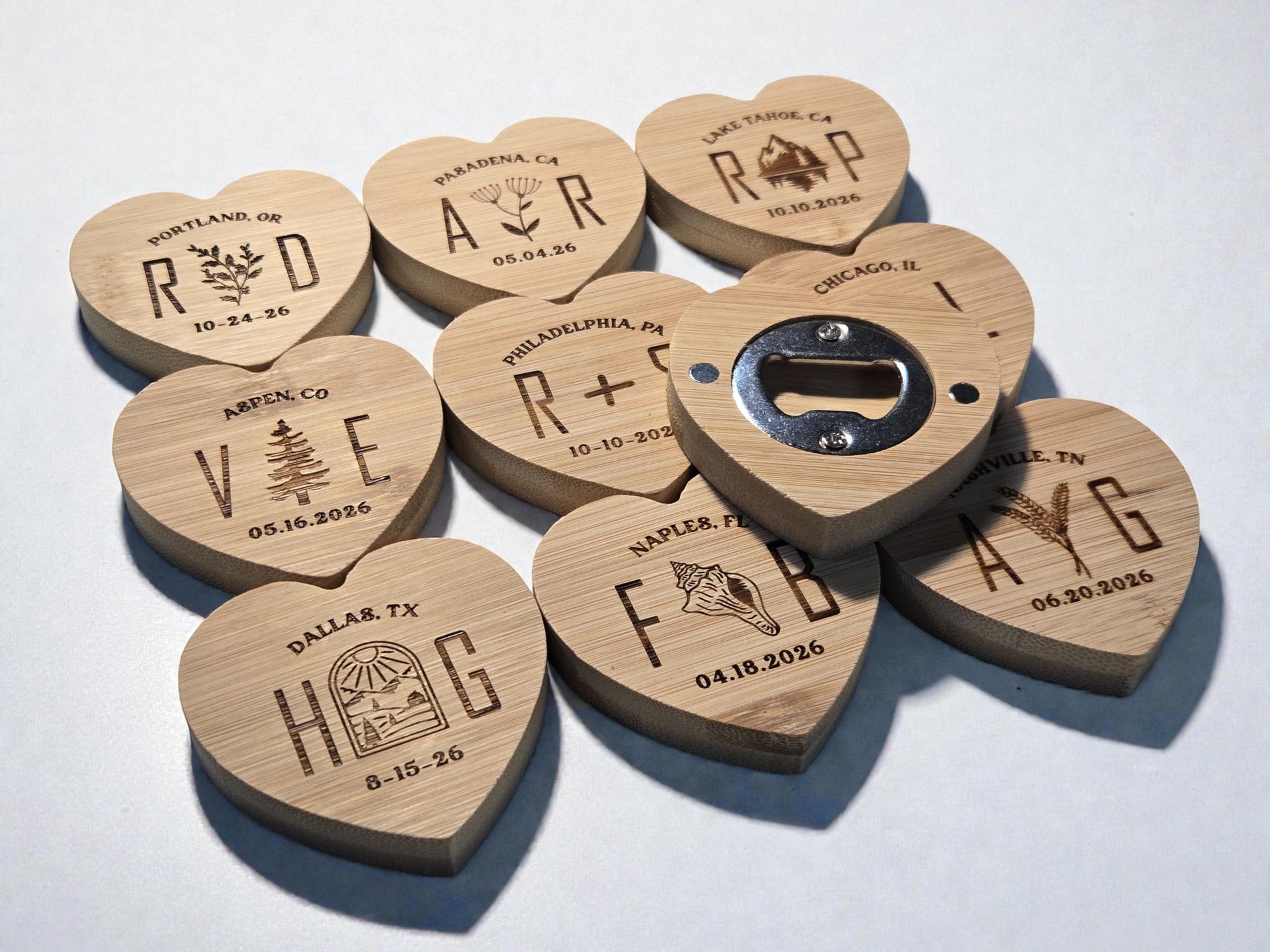 Farm Wedding Favor Heart-Shaped Bamboo Magnetic Bottle Opener, Custom Engraved Wedding Guest Gifts