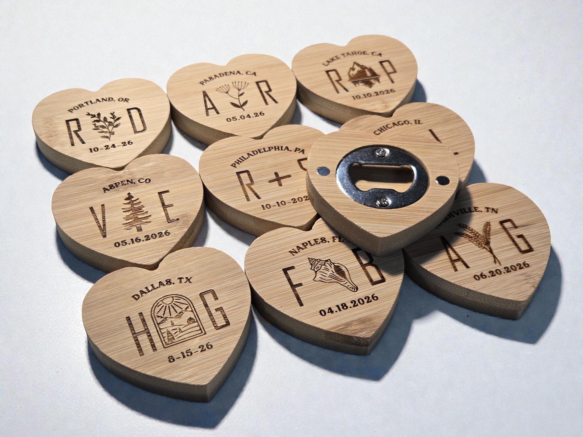 Mountain Wedding Favor Heart-Shaped Bamboo Magnetic Bottle Opener, Custom Engraved Wedding Guest Gifts
