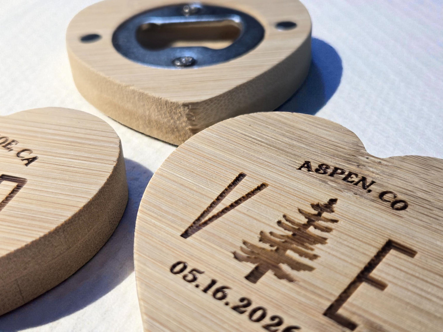Mountain Wedding Favor Heart-Shaped Bamboo Magnetic Bottle Opener, Custom Engraved Wedding Guest Gifts