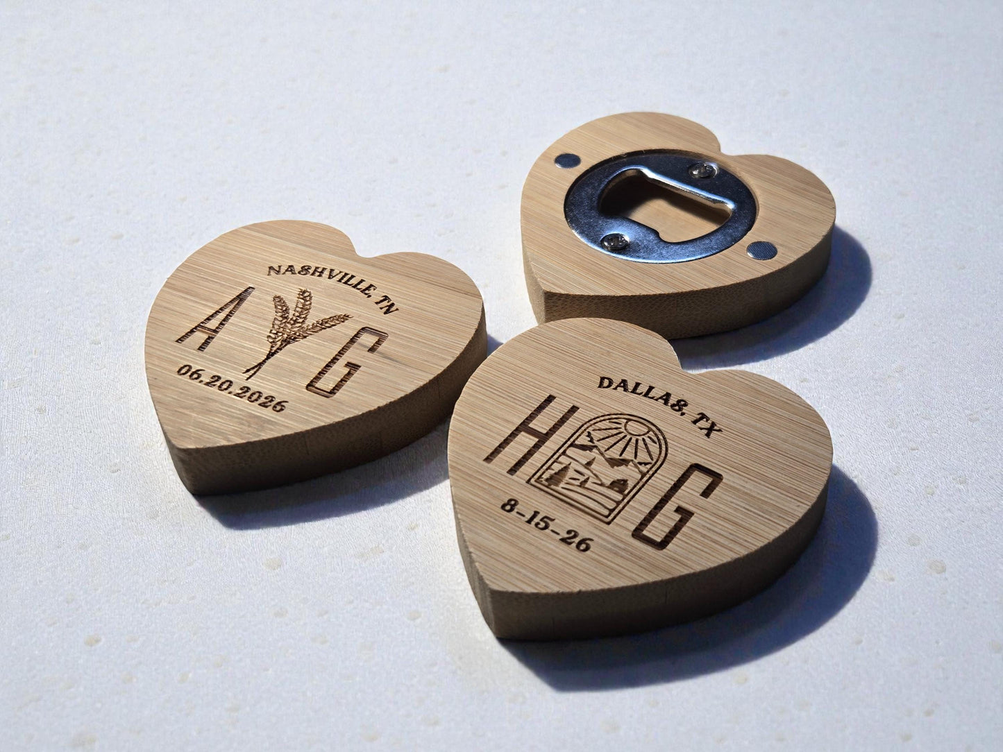 Farm Wedding Favor Heart-Shaped Bamboo Magnetic Bottle Opener, Custom Engraved Wedding Guest Gifts