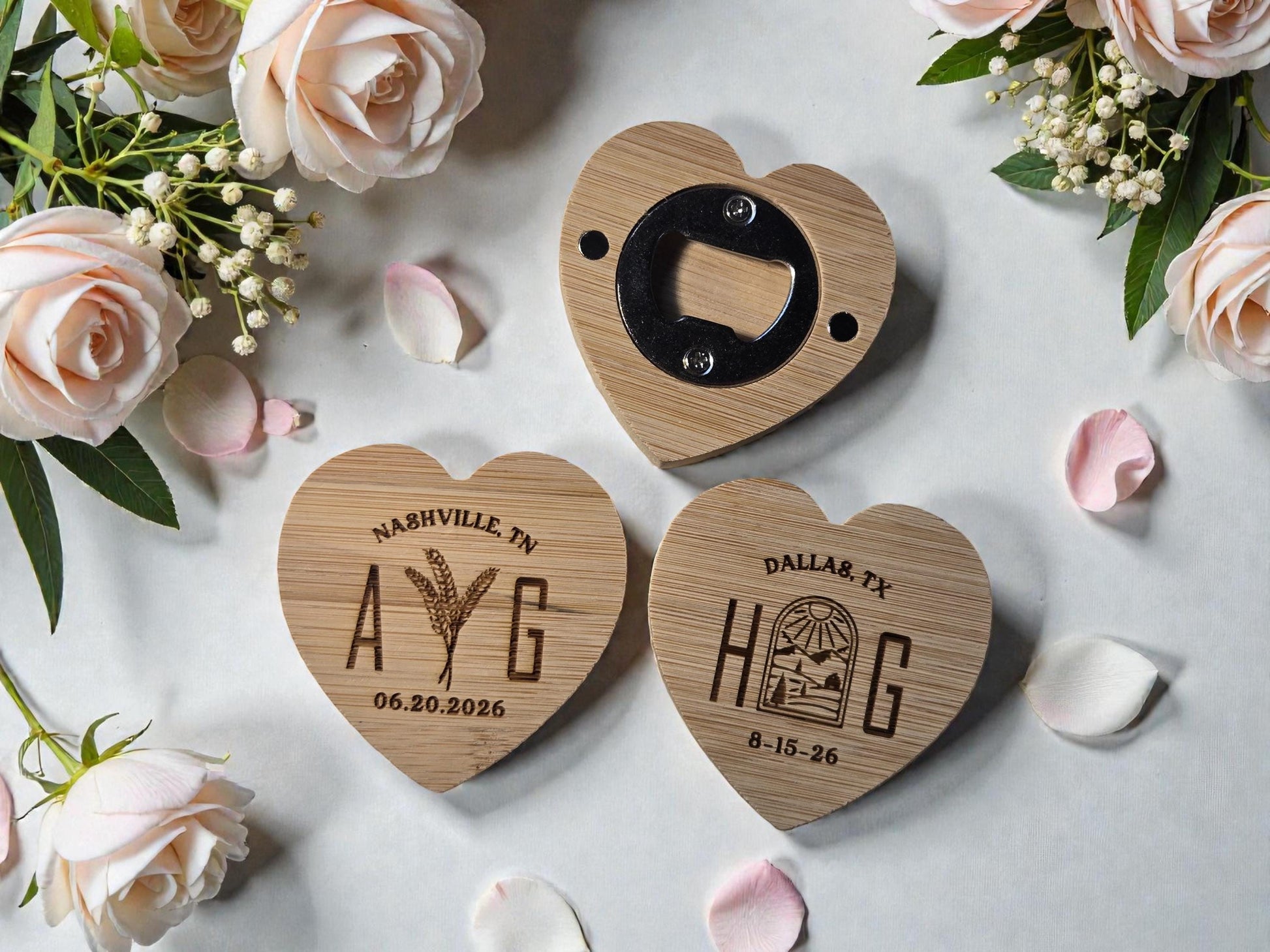 Farm Wedding Favor Heart-Shaped Bamboo Magnetic Bottle Opener, Custom Engraved Wedding Guest Gifts