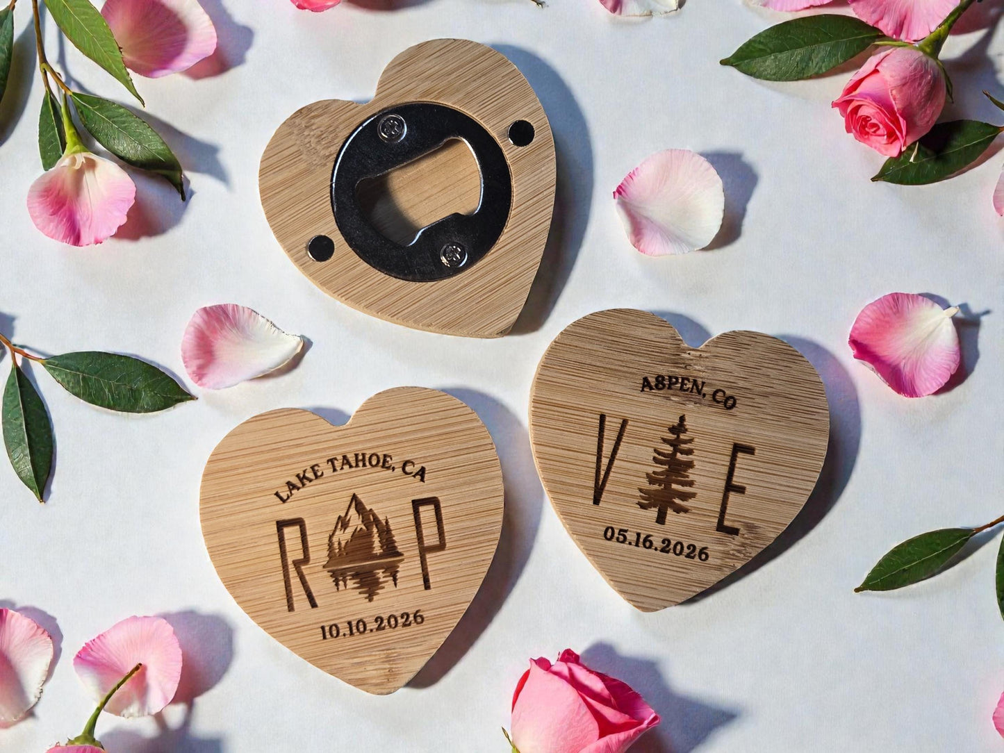 Mountain Wedding Favor Heart-Shaped Bamboo Magnetic Bottle Opener, Custom Engraved Wedding Guest Gifts