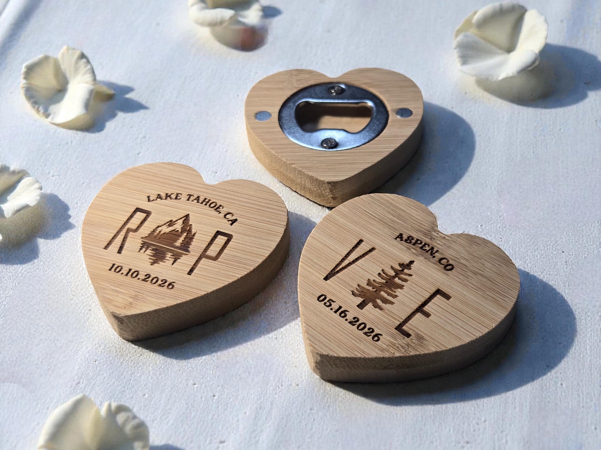 Mountain Wedding Favor Heart-Shaped Bamboo Magnetic Bottle Opener, Custom Engraved Wedding Guest Gifts