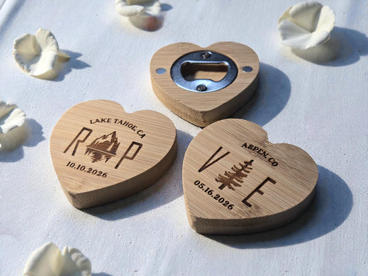 Mountain Wedding Favor Heart-Shaped Bamboo Magnetic Bottle Opener, Custom Engraved Wedding Guest Gifts