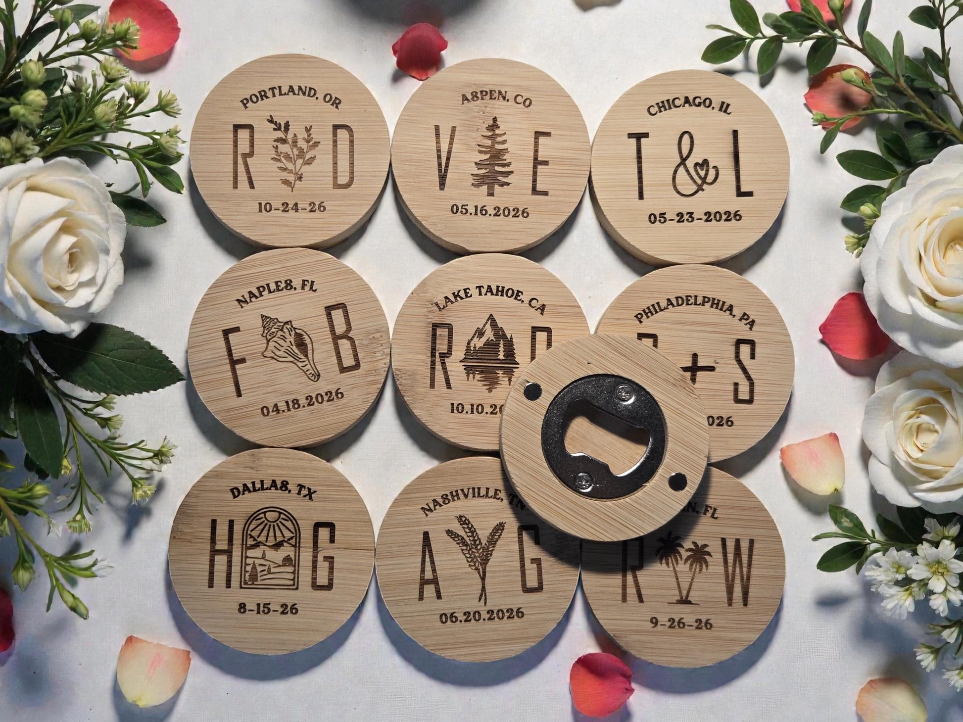 Farm Wedding Favor Round Bamboo Magnetic Bottle Opener, Custom Engraved Bulk Wedding Favors