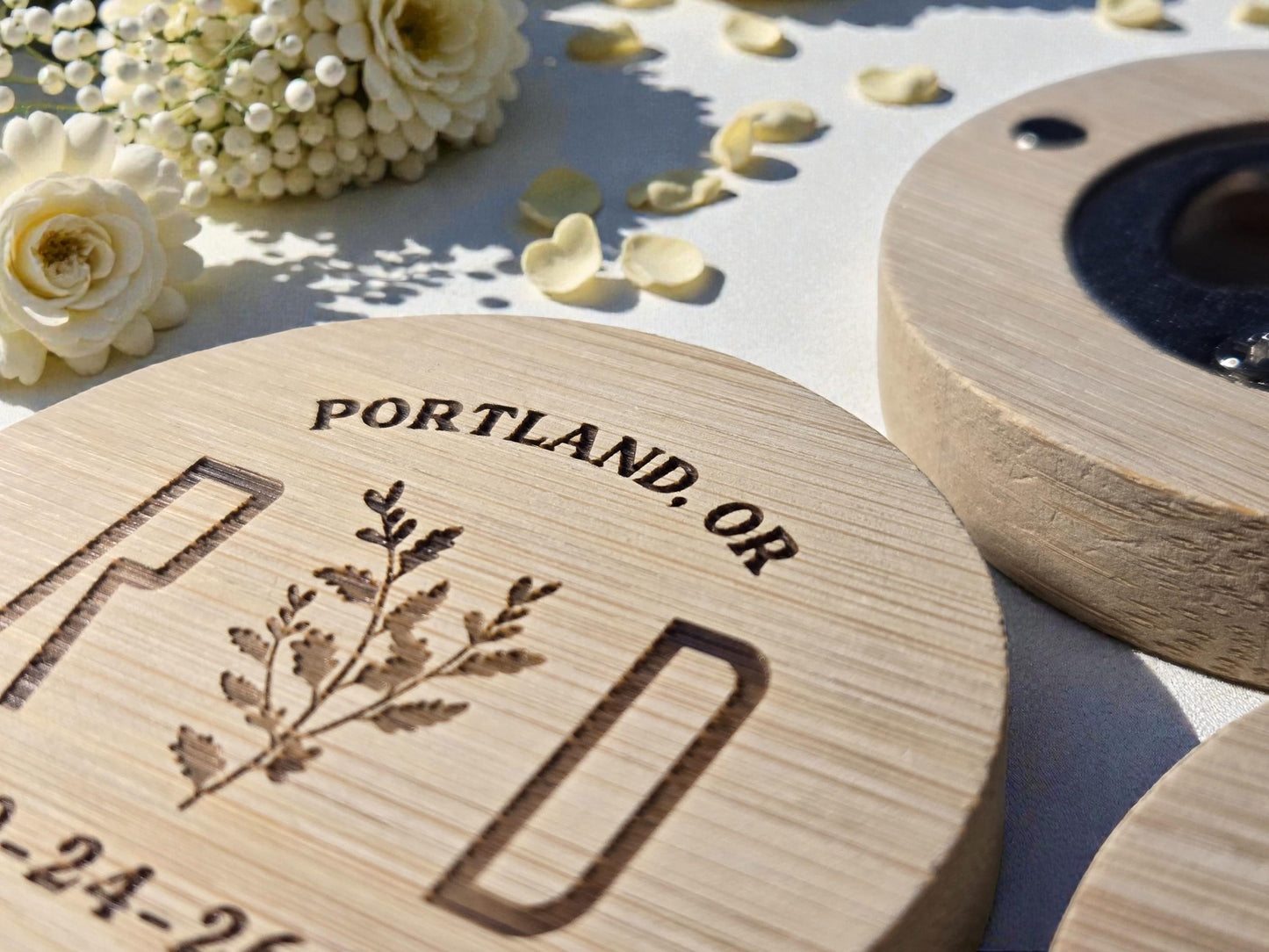 Botanical Wedding Favor Round Bamboo Magnetic Bottle Opener, Custom Engraved Bulk Wedding Favors