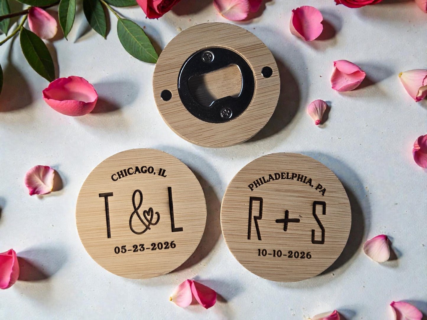 Classic Wedding Favor Round Bamboo Magnetic Bottle Opener, Custom Engraved Bulk Wedding Favors