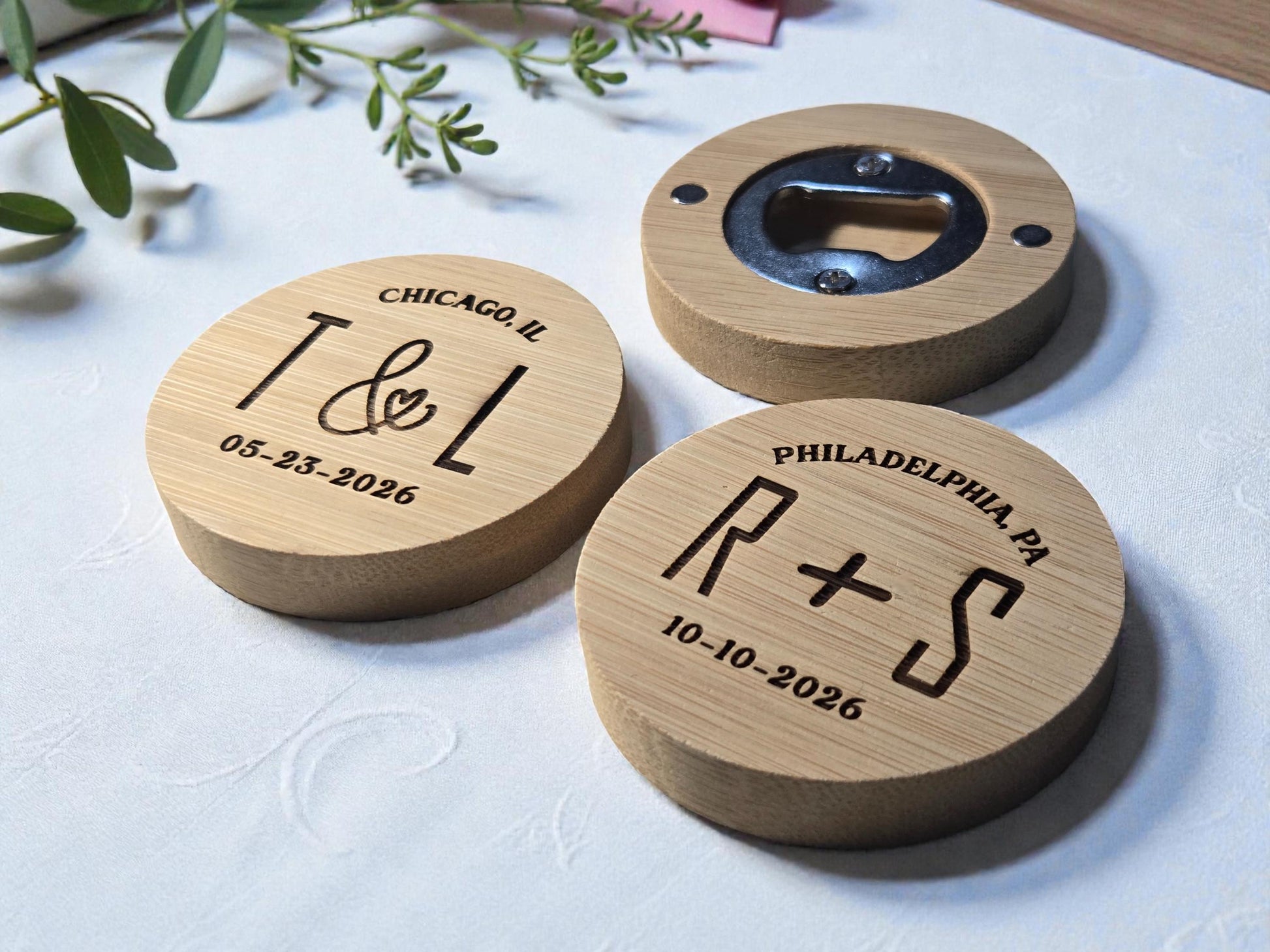 Classic Wedding Favor Round Bamboo Magnetic Bottle Opener, Custom Engraved Bulk Wedding Favors