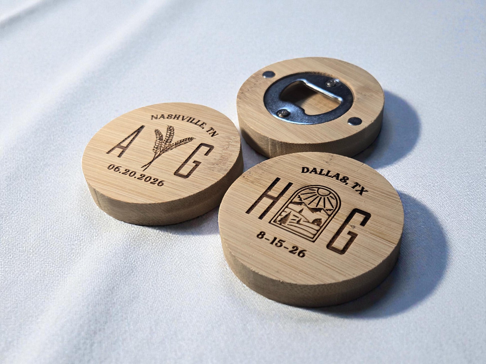 Farm Wedding Favor Round Bamboo Magnetic Bottle Opener, Custom Engraved Bulk Wedding Favors