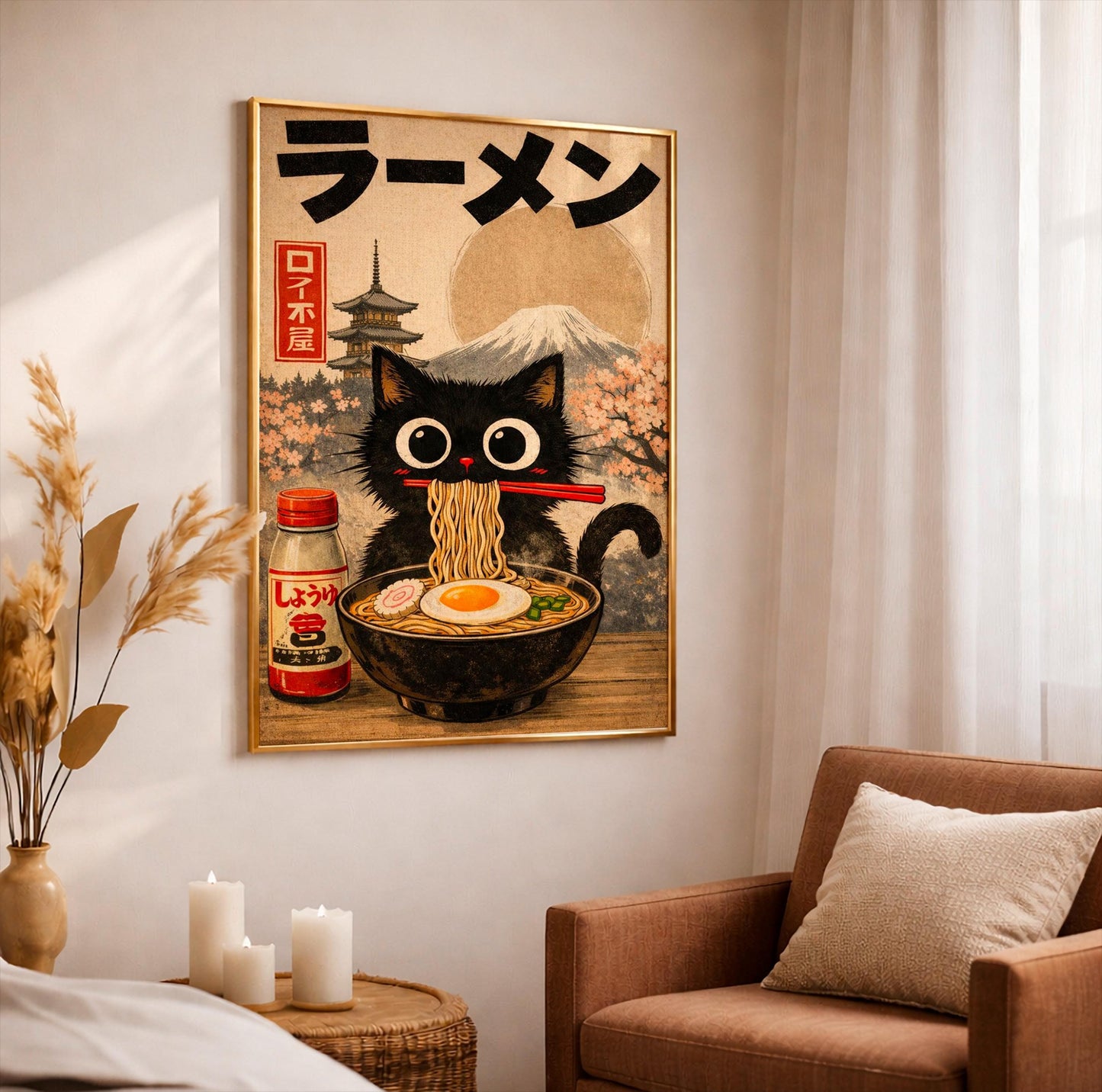 Ramen Cat Wall Art Japanese Anime Poster for Kitchen Decor, Cute Cat Illustration Print, Unique Gift for Cat Lovers and Ramen Fans