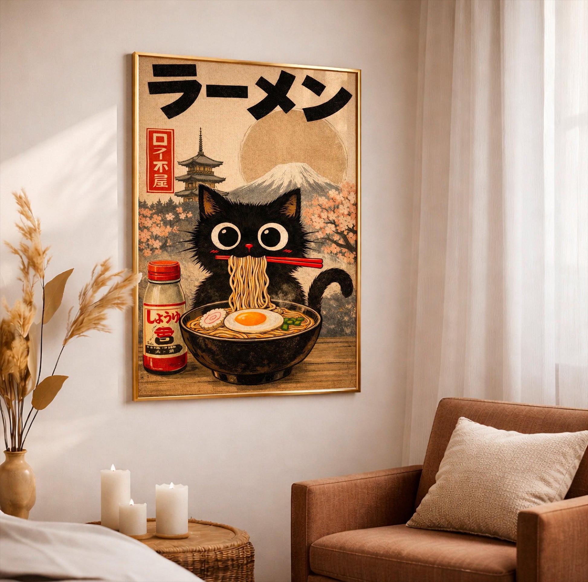 Ramen Cat Wall Art Japanese Anime Poster for Kitchen Decor, Cute Cat Illustration Print, Unique Gift for Cat Lovers and Ramen Fans