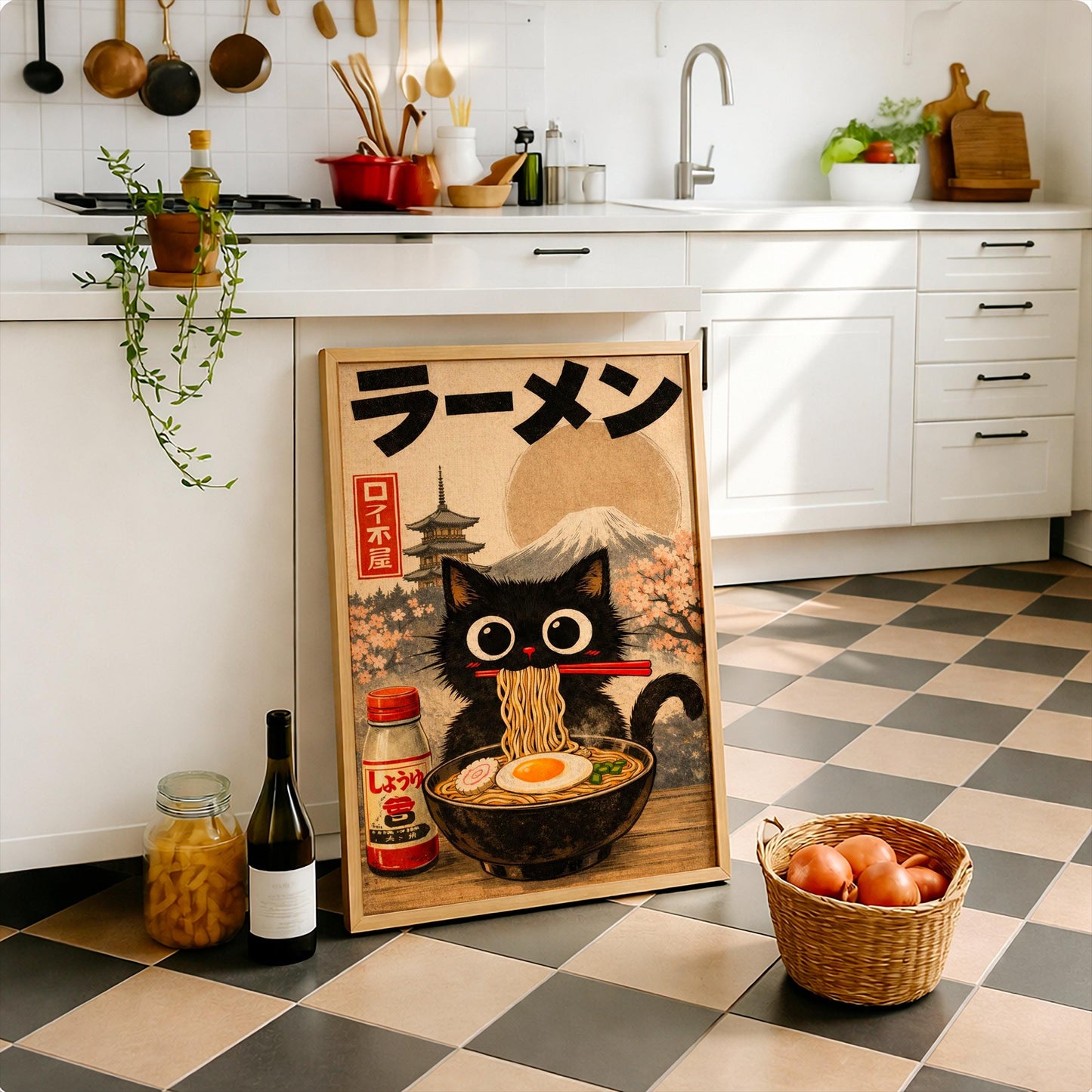 Ramen Cat Wall Art Japanese Anime Poster for Kitchen Decor, Cute Cat Illustration Print, Unique Gift for Cat Lovers and Ramen Fans