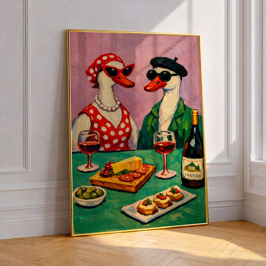 Funny Goose Wine Art Print, Quirky French Duck Poster, Eclectic Kitchen Wall Decor, Oil Painting Animal Style, Trendy Bar Cart Decor Gift