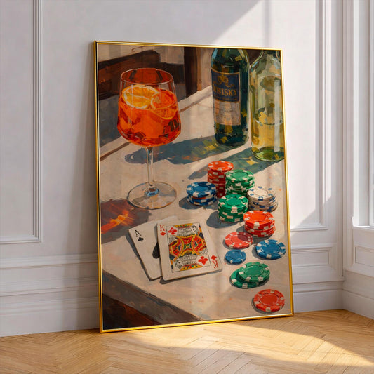 Poker Wall Art, Cocktail Painting, Casino Poster, Gambling Art Print, Whiskey and Cards Decor, Impressionist Bar Art, Man Cave Wall Decor