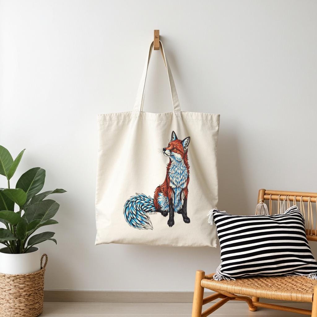 Fox Tote Bag, Colorful Woodland Animal Illustration Canvas-Style Shoulder Bag for Women | Gift for Fox Lovers