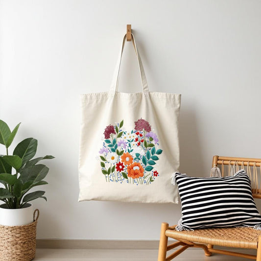 Floral Tote Bag, Colorful Wildflower Botanical Print Shoulder Shopping Bag, Gift for Her, Reusable Everyday Carry